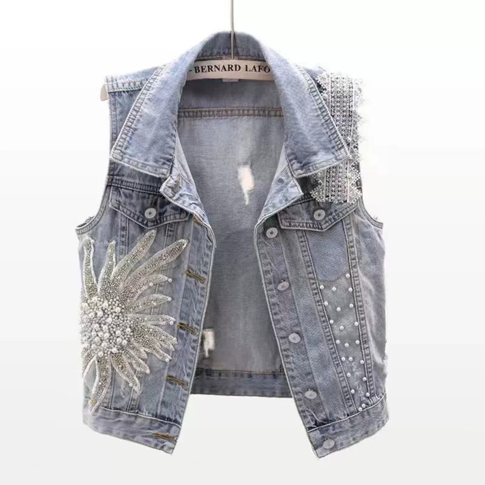 Zara High End Lace Beaded Denim Vest Short Sleeveless Jacket